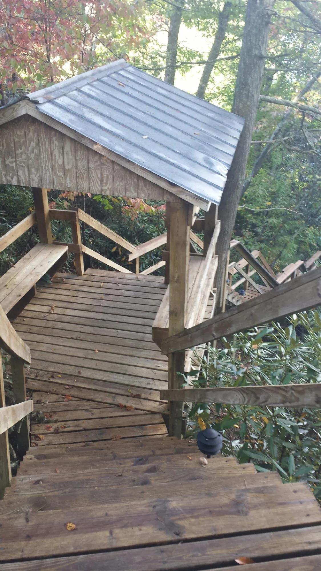 Metal roofed shelter over wooden steps on a wooded walkway — Skylight Repair & Installation work by our crew in Summerhill